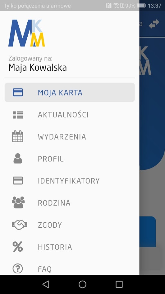 widok menu aplikacji
