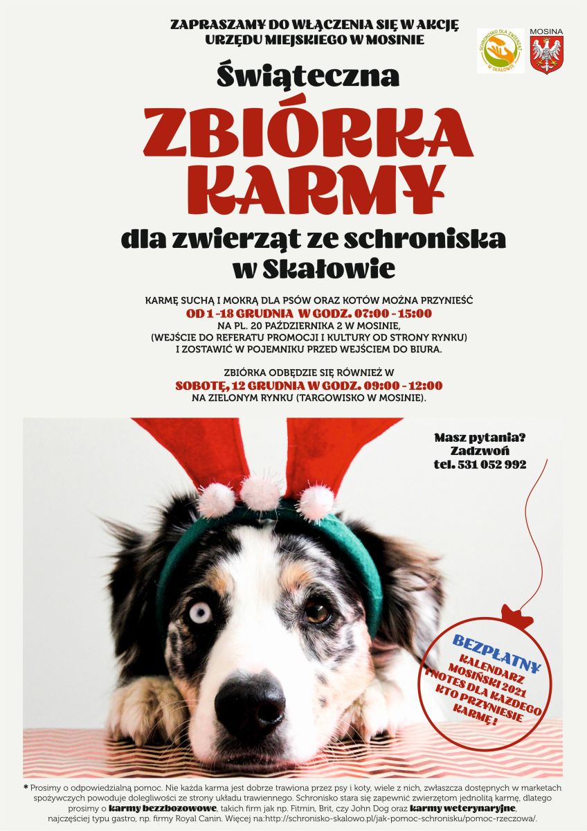 Plakat dotyczący zbiórki karmy dla zwierząt w Skałowie